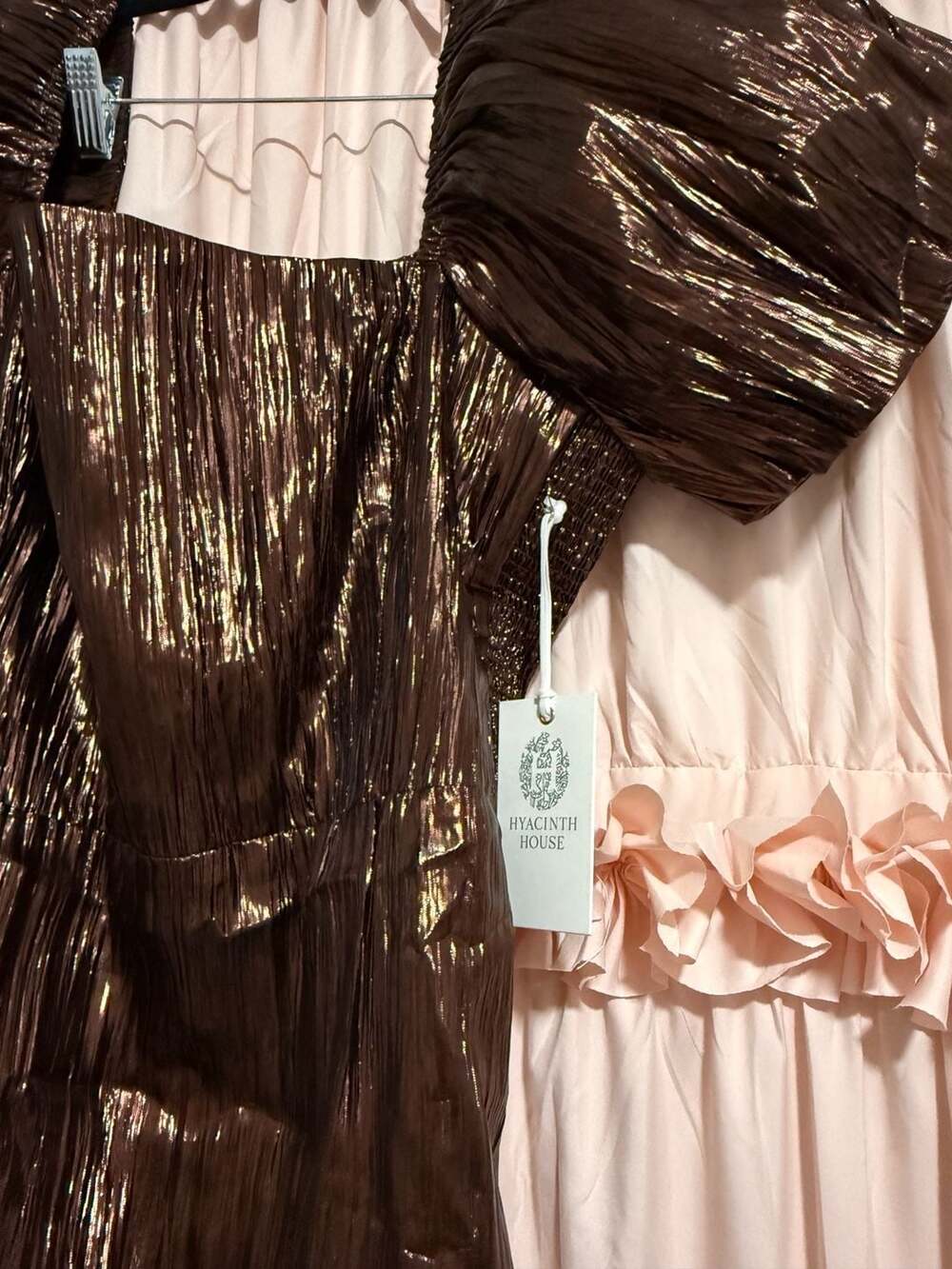 Hyacinth House Brown Shimmer Metallic Puff Sleeve Midi Dress XL - Picture 4 of 5